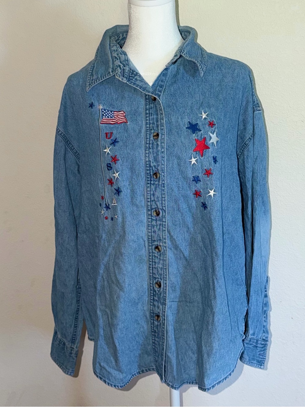 Vintage American Original Denim Shirt Patriotic USA Flag Embroidered “READ”